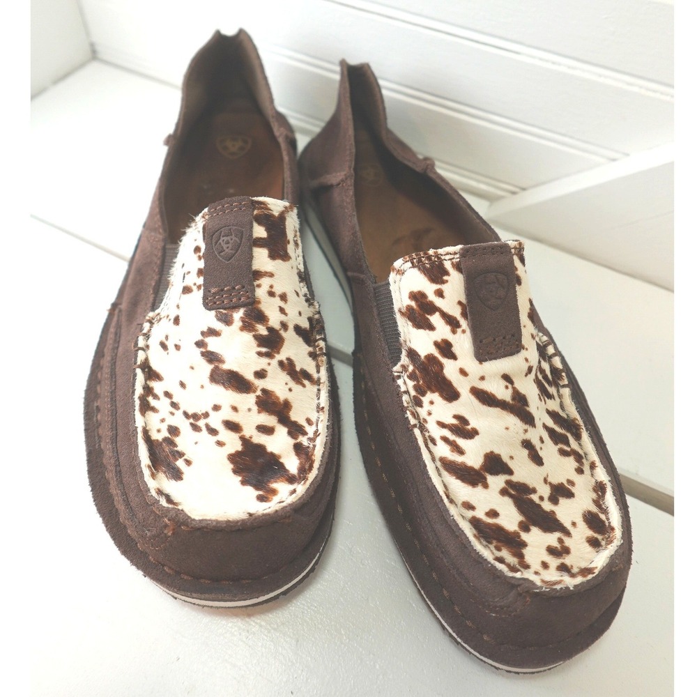 Ariat Women's Cruiser Slip-on Shoe Size 9.5B Cow Print Brown Suede Leather